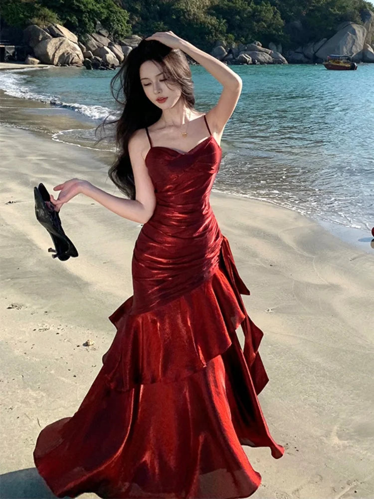 Elegant Ruffle Womens Dresses Sexy Spaghetti Strap Evening Birthday Party Dress Wedding Prom Vestidos Long Robe Female Clothing