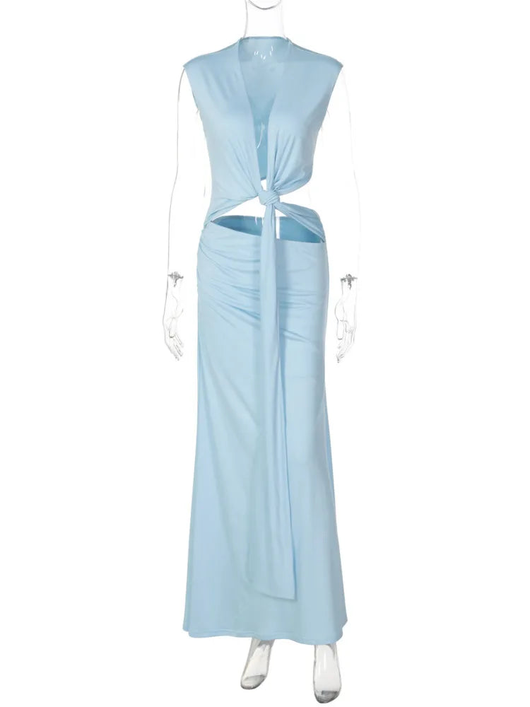 Mozision Hollow Out Sleeveless Sexy Maxi Dress Women Gown Elegant Sky Blue Deep V Neck Ruched Bodycon Club Party Long Dresses