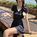 Fashion Bag Hip Long Short Dress Sexy Summer Vintage Broken Flowers Female Clothing Commute Elegant V-Neck Slim Waist Dresses