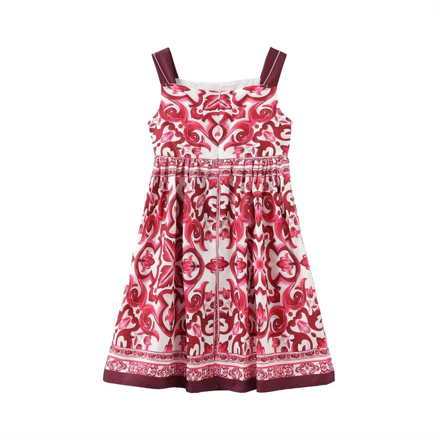 New Design Girls Dress Children Retro Short Sleeve Princess Dresses Kids Summer Printed Birthday Clothing Cotton Costumes