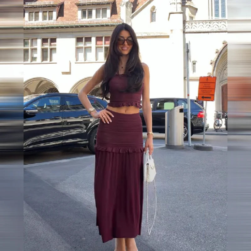 Ruched Knit Top And High Waist Long Skirt 2 Piece Set Ruffled Hollow Out Burgundy Outfit for Party Date Vacation Wedding Guest
