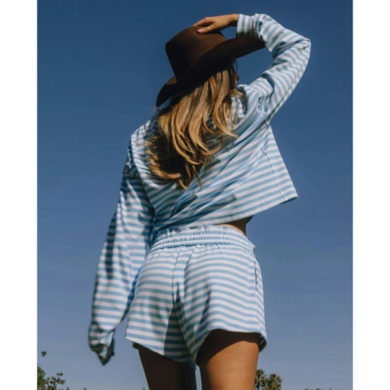 Combhasaki Women 2Piece Striped Y2k Outfits Set Casual Long Sleeve Crew Neck Shirt Tops+Elastic Waist Wide Leg Shorts Tracksuits