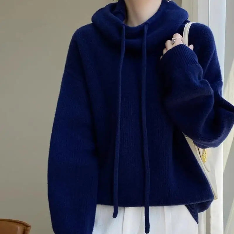 Hoodies Sweater Women Pullover Hooded Thick Knitting Top Drawstring Knitwear Autumn Winter Knitted Tops Jumper Office Lady 2025