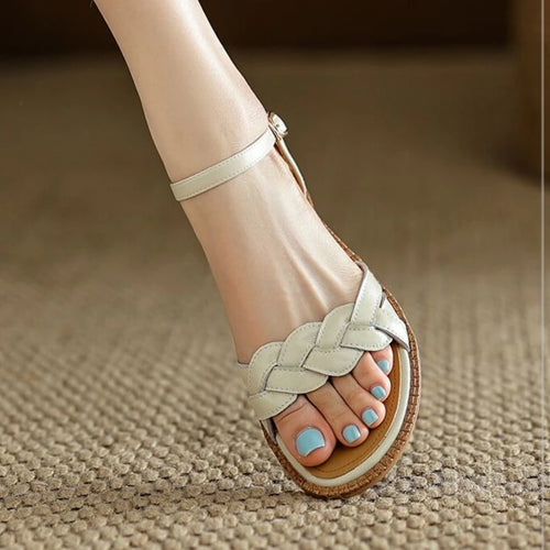 2025 New Summer Open Toe Low Heel Braided Line Button Beach Line Sandals Flat Soft Leather Retro Roman  Women