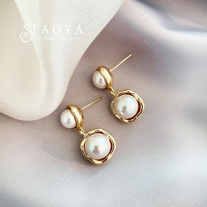 2025 New French Elegant Gold Color Bean Spliced Flat Pearl Earrings for Korean Fashion Jewelry Party Women's Sweet Accessories