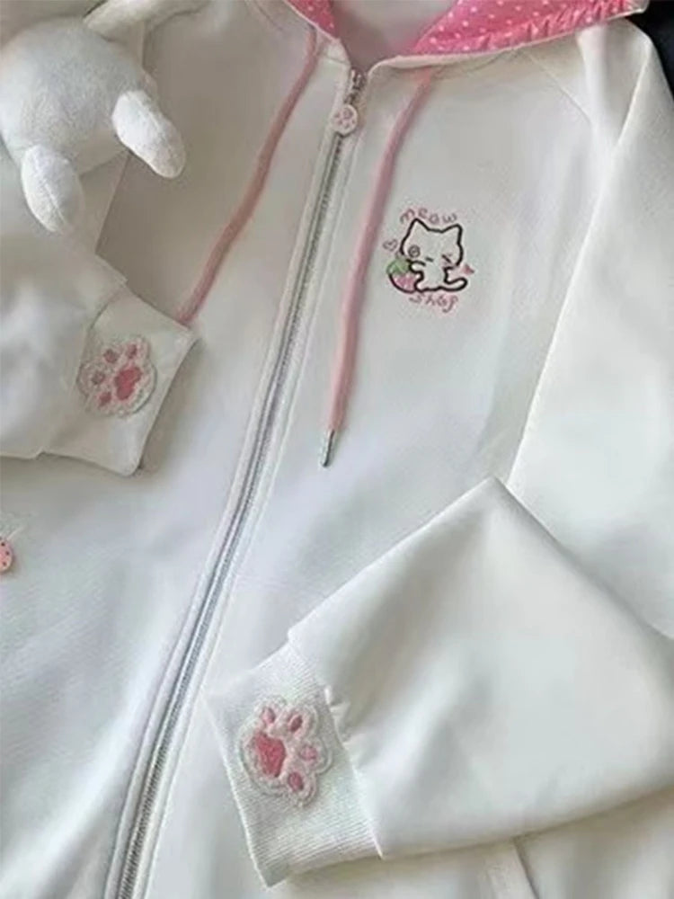 Japanese Cartoon Embroidery Casual Kawaii Hoodies Y2k Aesthetic Loose Drawstring Women Hoody Harajuku Autumn Zipper Sweatshirt
