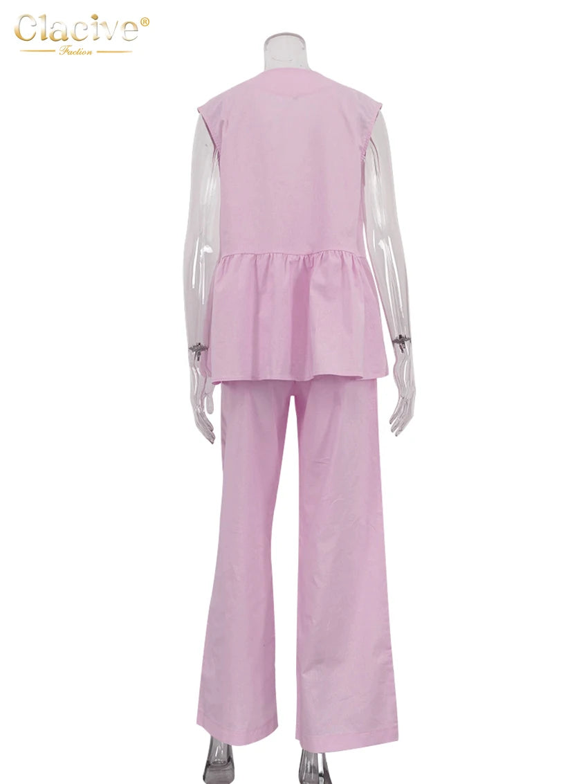 Clacive Summer Loose Pink Cotton 2 Piece Set Women Outfit 2025 Fashion Sleeveless Tank Top With High Waist Wide Pants Set Female