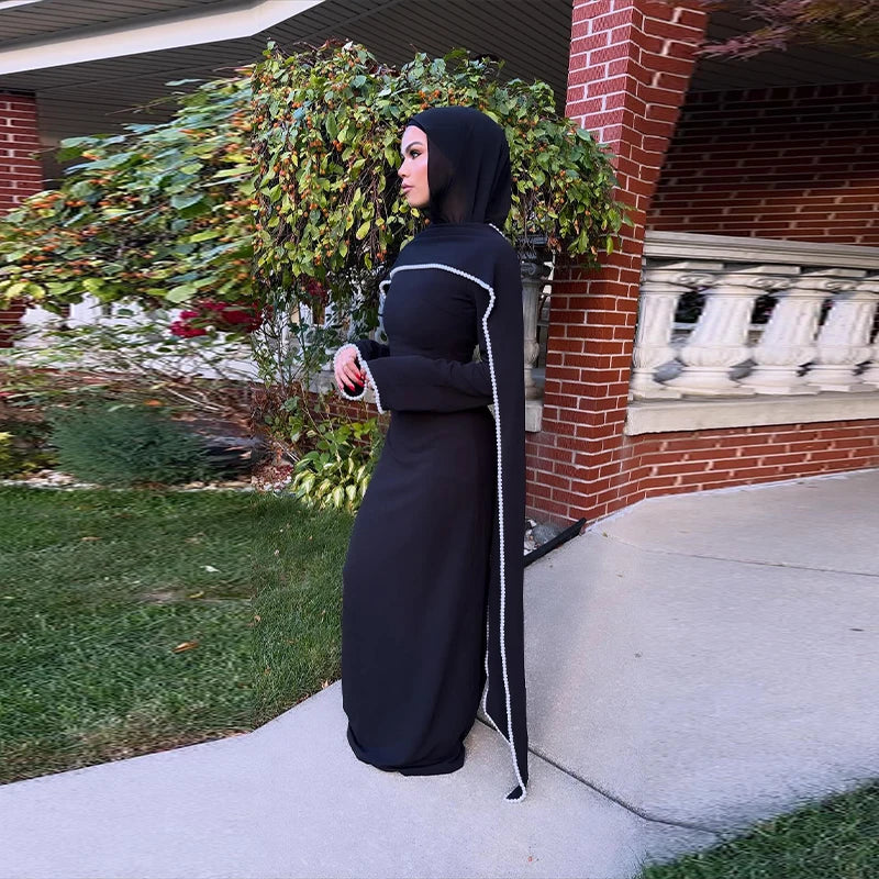 White Pearl Trim Cape Maxi Dress Women Elegant Long Sleeve Cinching Waist Muslim Robes 2026 Spring EID Abaya Lady Dresses