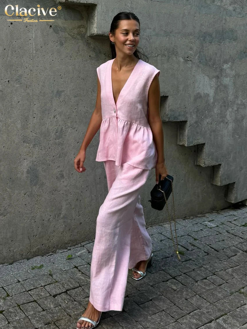 Clacive Summer Loose Pink Cotton 2 Piece Set Women Outfit 2025 Fashion Sleeveless Tank Top With High Waist Wide Pants Set Female
