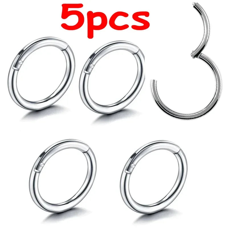 5pc 6/8/10mm Nose Ring Hinged Clicker Segment Nose Rings Helix Cartilage Septum Hoop Surgical Stainless Steel Seamless Earrings