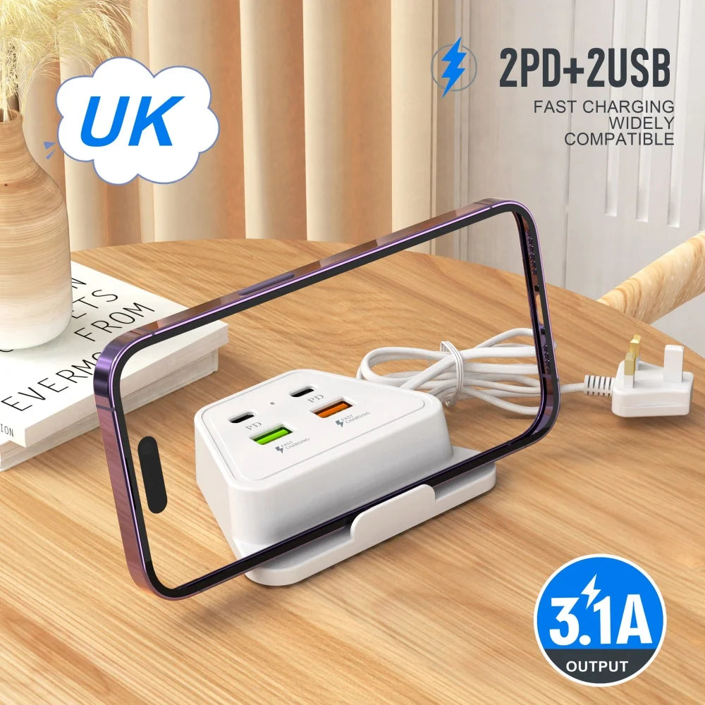 4 in 1 Desktop Charging Station 2PD 2USB Fast Charger Power Strip with EU UK US Plug USB Hub Adapter Socket for Multiple Devices