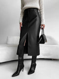 Leather Skirt High Waist Women Front Slit Spring Autumn Long Skirt High Waisted Office Lady Slim Skirts Elegant Ropa De Mujer