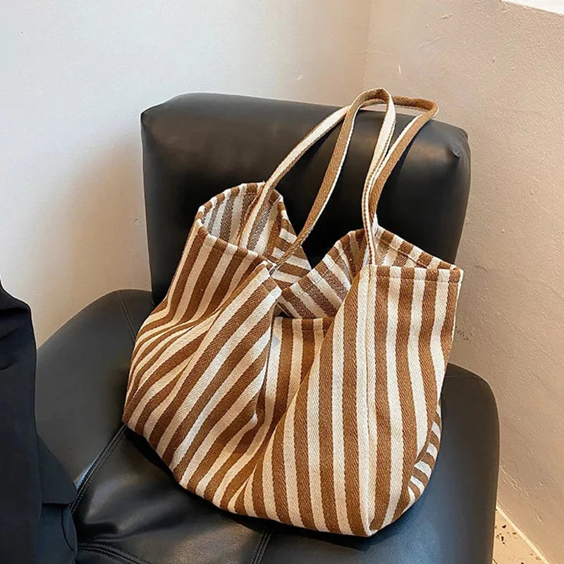 Striped Design Shoulder Bag Large Capacity Canvas Tote Bag for Women Summer Beach Female Casual Travel Handbags