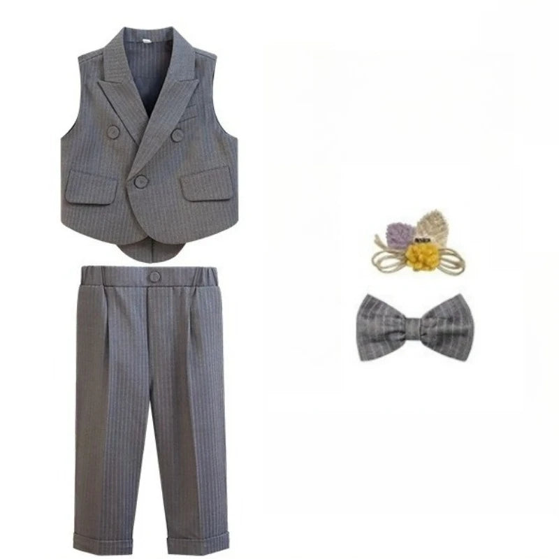 Boys Strap Pants Suit Fashion Gray Stripe Kids Weddings Blazers Set 2-12 Years Children School Uniform Toddler Birthday Outfits