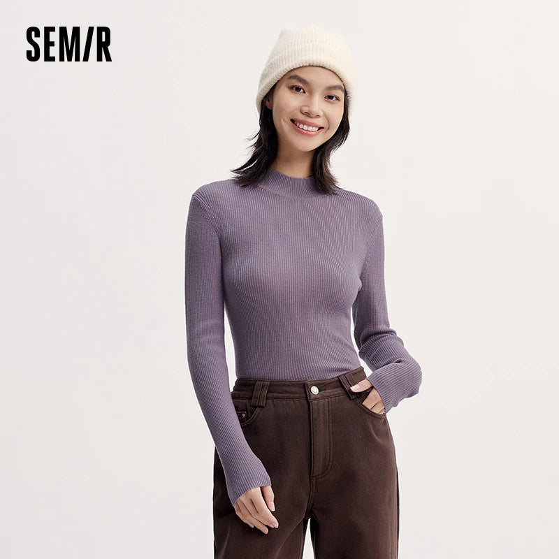 Semir Sweater Women Comfortable Slim Wool Sweater 2024 New Winter Semi-High Neck Base Layer Shirt Slimming