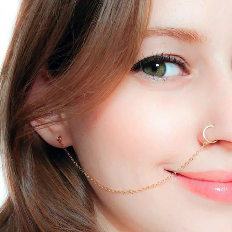 New 1Pcs  Ear Hook Nose Ring Body Jewelry Tassel Chain Link Nose Piercing Body Puncture Nostril Piercing for Women Jewelry