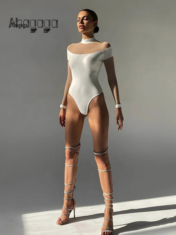 AHAgaga Sexy Streetwear Patchwork Bodysuit Rompers Women Jumpsuits Fashion Turtleneck Long Sleeve Skinny Tops Female Overalls