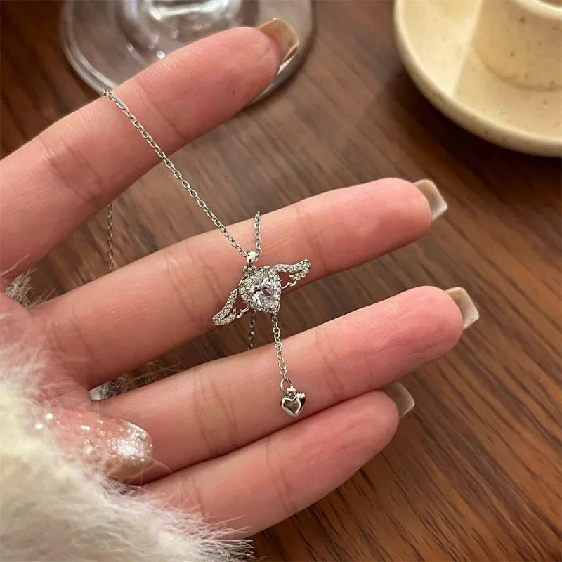 2PCS 925 Sterling Silver Heart Angel Wings Pendant Choker Necklaces for Woman Girls Party Jewelry Accessories Jewellery Women