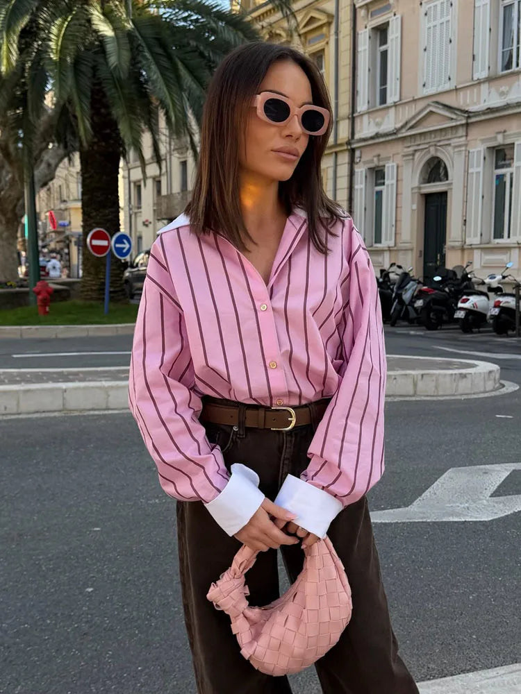 HH 2026 Female Fashion Versatile Blouse Top Women Spring Pink Striped Lapel Long Sleeve Single Breasted Decoration Casual Shirt