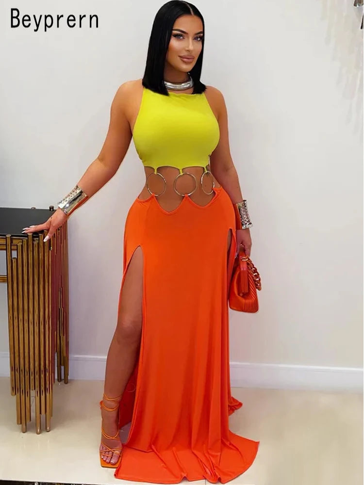 Beyprern Women's Hollow Out O-Rings Metal Long Dresses Fashion Backless Bandage Holiday Dresses Vacation Outfits Sexy Clubwear