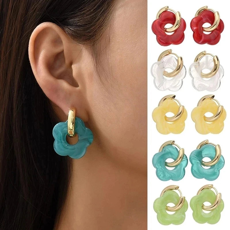 Multicolor Transparent Acrylic Resin Marbling Flower Drop Earrings