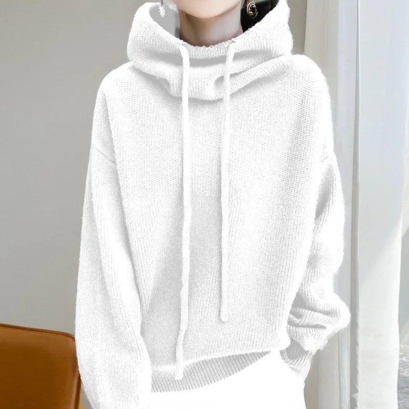 Hoodies Sweater Women Pullover Hooded Thick Knitting Top Drawstring Knitwear Autumn Winter Knitted Tops Jumper Office Lady 2025