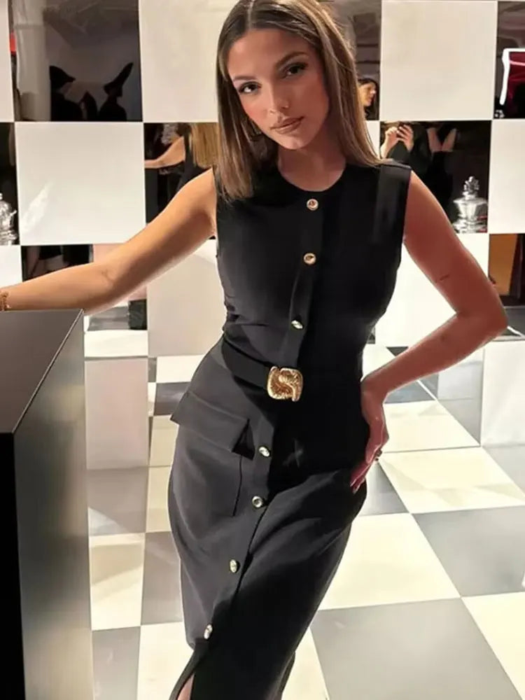HH Women Elegant Black Dress O Neck Single Breasted Sleeveless Dresses With Belt Summer Casual Office Lady Dress Vestidos