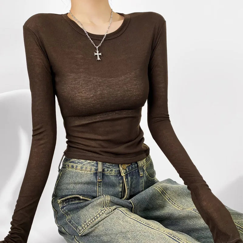 Spring and summer women's round neck slim fit long sleeved semi transparent T-shirt