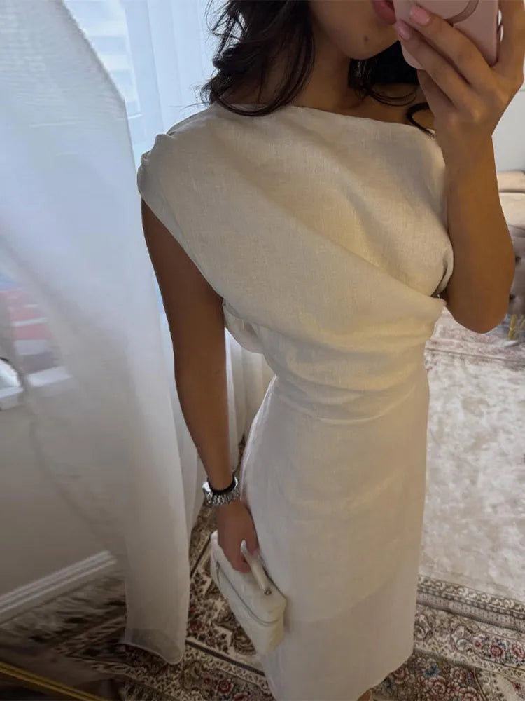 Elegant Off Shoulder Pleated Long Dress Slim Slash Neck Sleeveless Female Party Dresses 2026 Summer Autumn Lady Chic Solid Robes