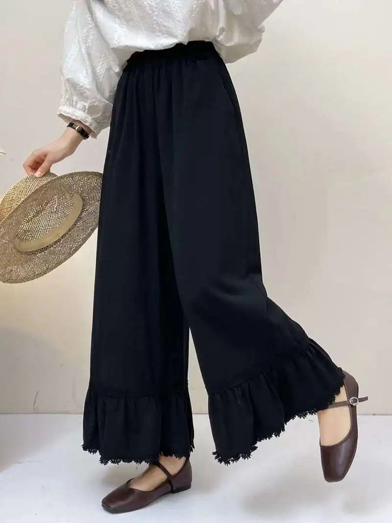 Japanese Sweet Mori Girl Solid Color Lace Hem Wide Leg Pants Women Autumn New Elastic Waist Casual Loose Straight Pants