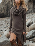 Elegance Heaps Collar Loose Dress For Woman Fashion Irregular Hem Long Sleeves Casual Dresses Spring Autumn Lady Solid Vestidos