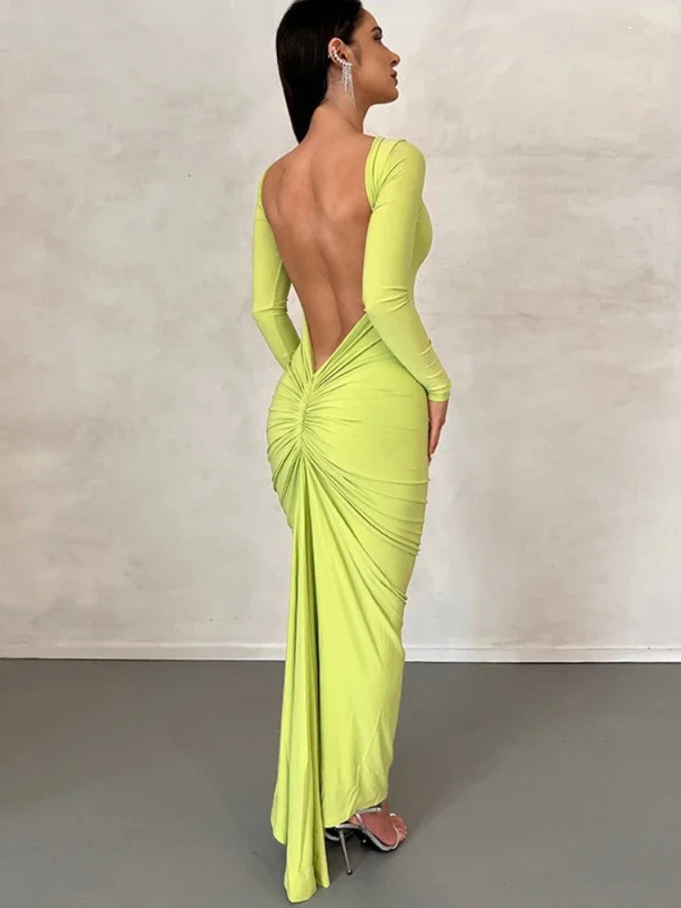 BOOFEENAA Pleated Open Back Long Sleeve Maxi Dress for Birthday Women Black White Elegant Evening Gown Party Dresses C15-BI37