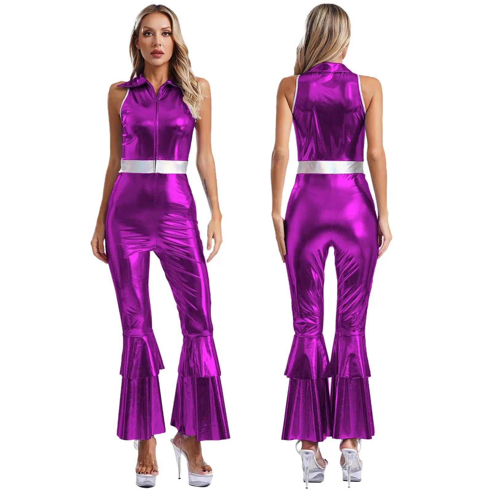 70 80s Disco Classical Vintage Jumpsuit Women Shiny Metallic High Waist Flared Bell-bottomed Rompers Playsuits for Dance Cosplay