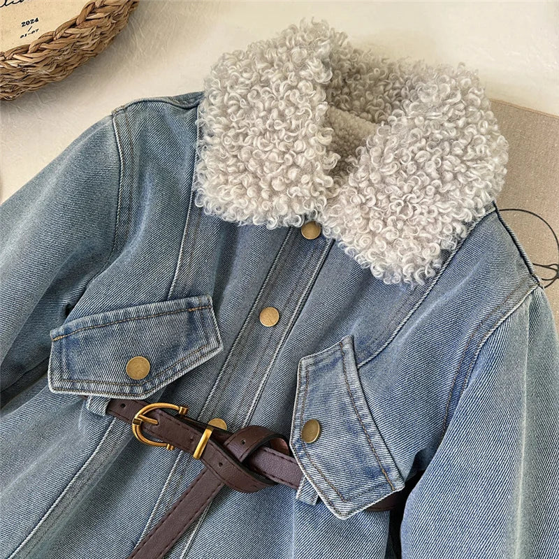 Winter Girls Thick Demin Coats Baby Plus Velvet Warm Outerwear With Belt Kids Princess Designed Long Jackets Children Clothes