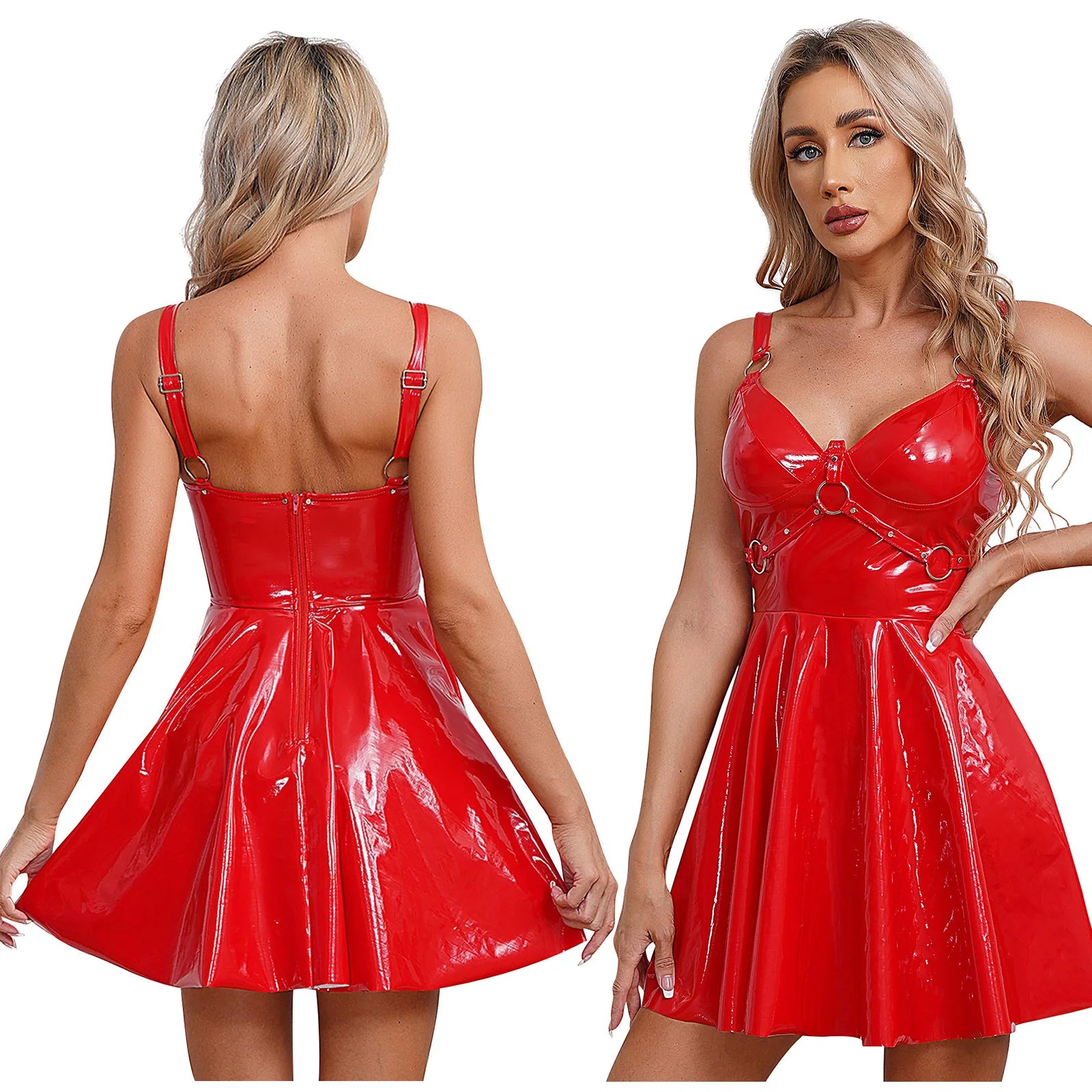 Womens Sexy Wet Look Patent Leather Slip Dress O-Ring Rivets Strappy V Neck Gothic Punk A-Line Mini Dresses Rave Party Clubwear
