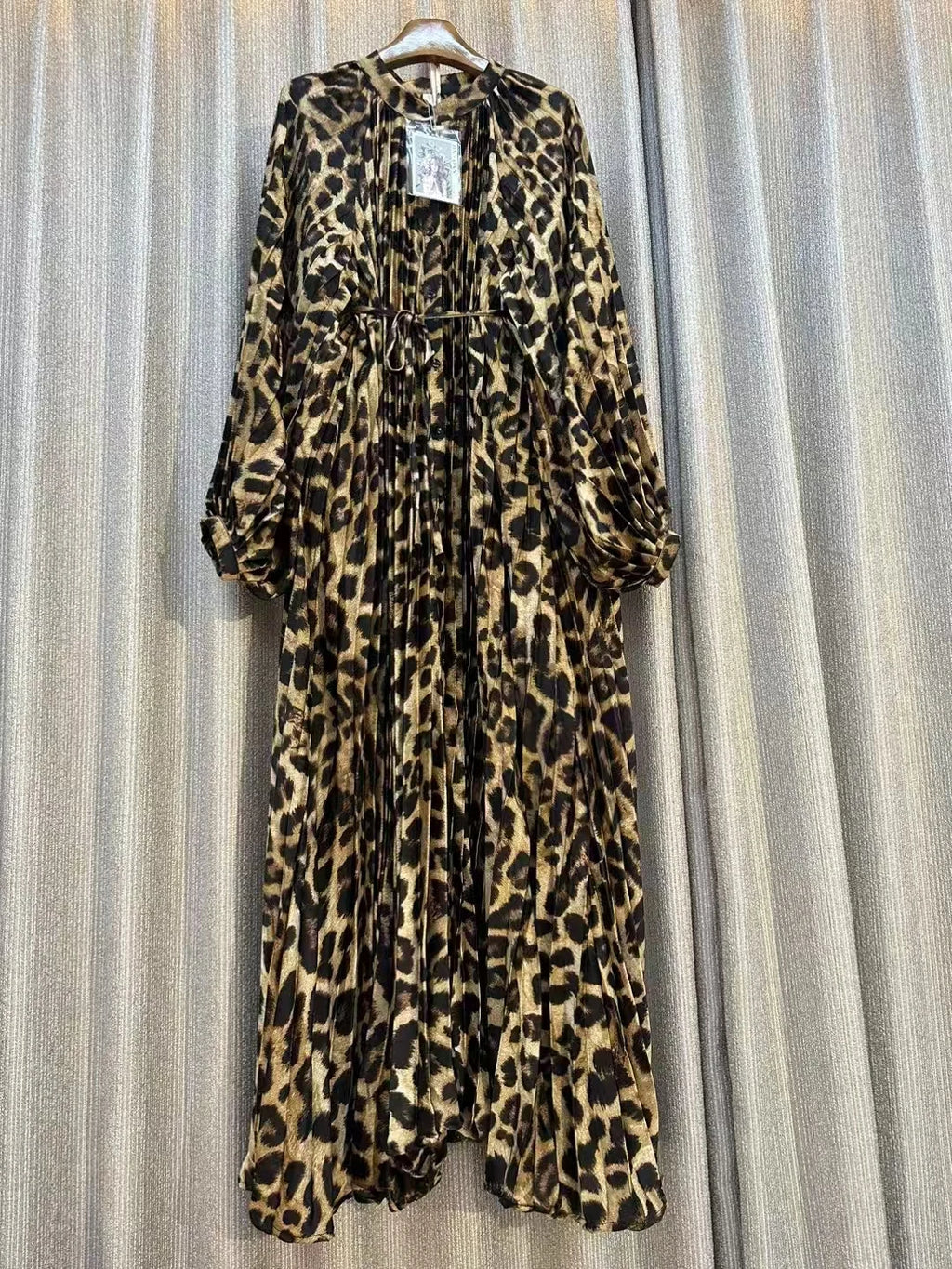 Clearance Temperament Women Lantern Long Sleeves O-Neck Slim Single Breasted Print Maxi Dress Elegant Vintage Chic Spring Dress