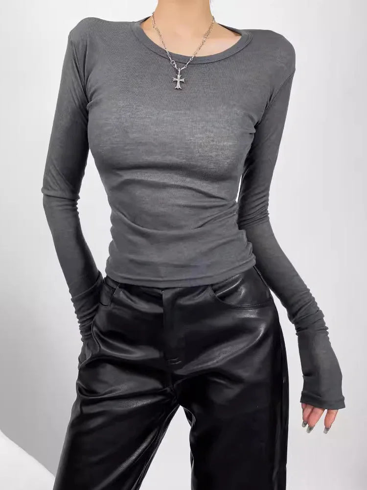 Spring and summer women's round neck slim fit long sleeved semi transparent T-shirt