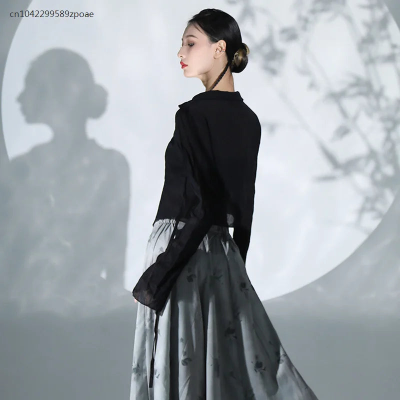 National Style Beautiful Classical Dance Clothes For Women Elegant Long Sleeve Black Tops Loose Skirts And Pants Ethnic Style