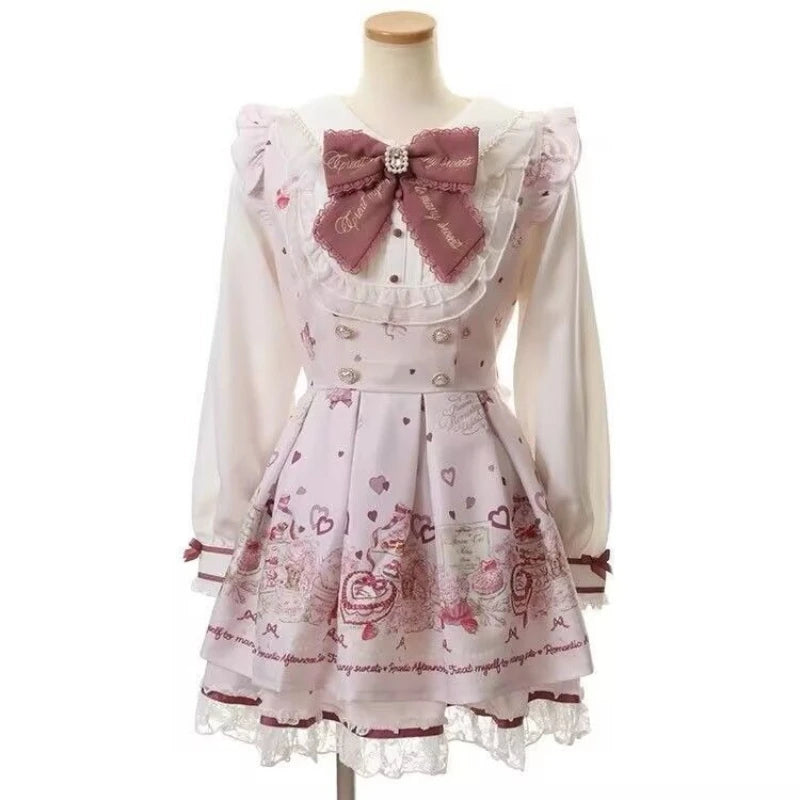 Japanese Kawaii Rhinestone Bow Dress Set Women Sweet Cute Lolita Style Lace Pearl Print Shirt Dresses Gothic Y2k Tea Party Dress