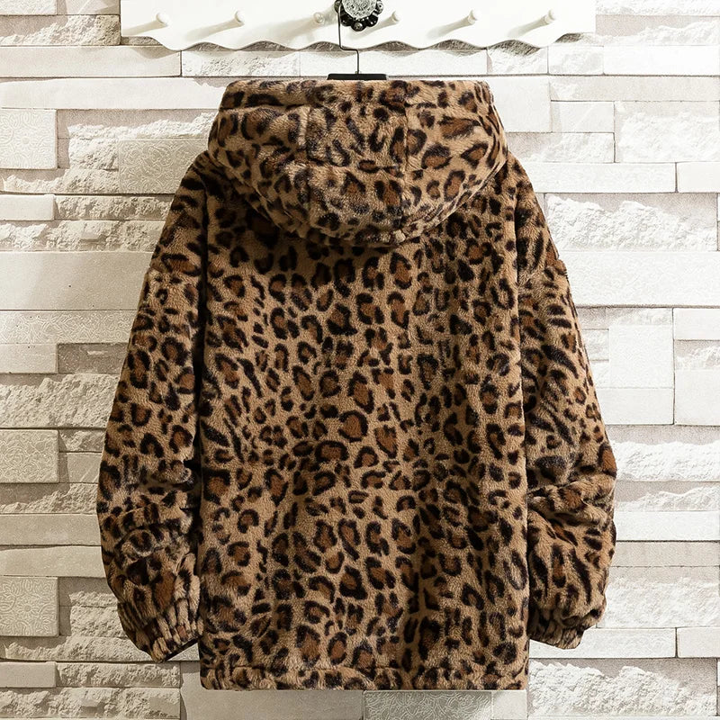 Autumn Soft Leopard Jacket Men Zipper Hoodies Hooded Coat Fashion Causal Street Outerwear Loose Windbreaker Clothing Male Female