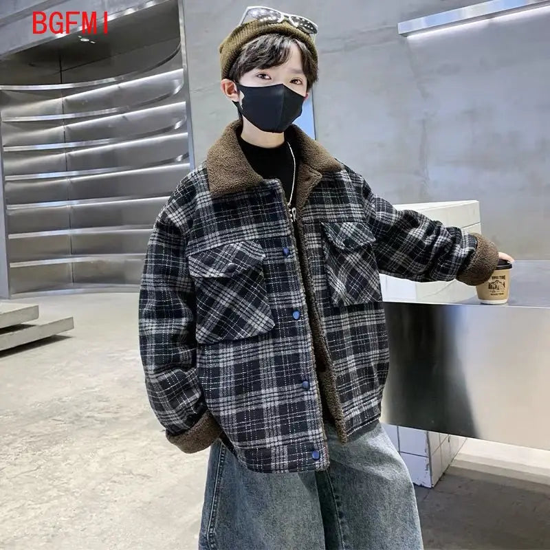 2026 Winter New Children Warm Grid Lapel Coat Plus Velvet Thick Girls Woolen Jacket Boys Cotton Fleece Coat Teenage Kids Jacket