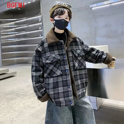 2026 Winter New Children Warm Grid Lapel Coat Plus Velvet Thick Girls Woolen Jacket Boys Cotton Fleece Coat Teenage Kids Jacket