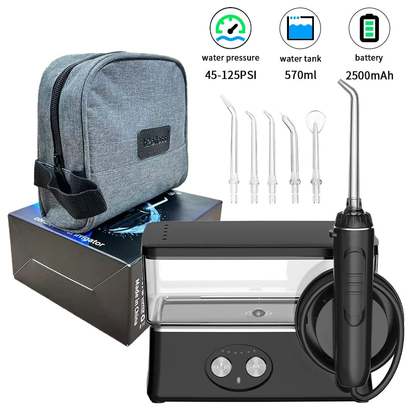 H2ofloss Water Flosser 570ml Portable Oral Irrigator 140PSI 6 Modes 5 Tips with Travel Bag USB Rechargeable for Dental Cleaning