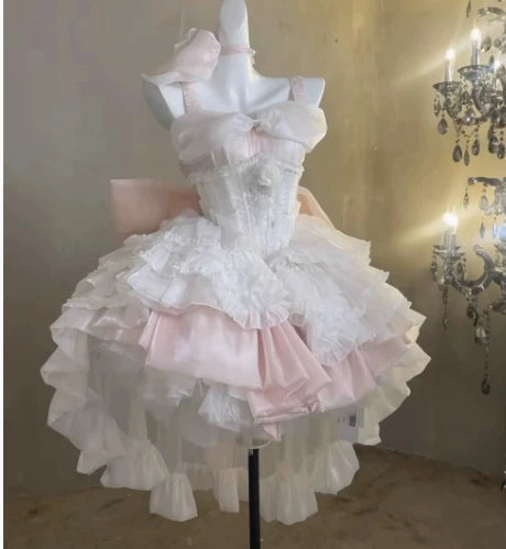 French Style Ladies Fairy Pink Strapless Dress 2025 Spring Summer Lolita Big Bow Princess Puff Short Party Evening Dresses