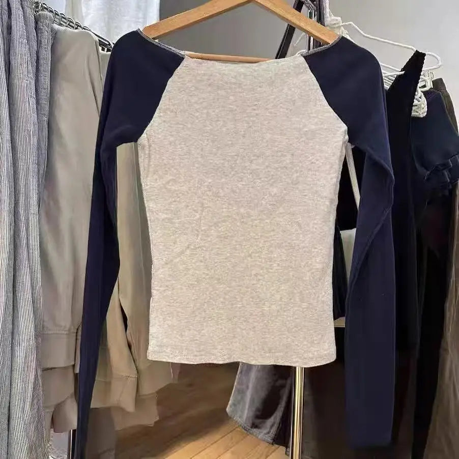 Solid Patchwork Long Sleeve T-shirt Women Summer New Off Shoulder Raw Hem Slim Tee Shirts Preppy Style Simple Casual Tops Tshirt