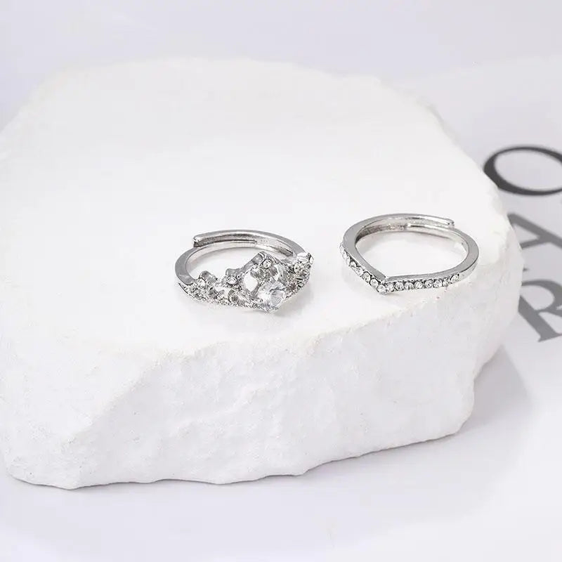 2PCS Fairy Sparkling Crown Rings for Women Teen Crystal Korean Adjustable Silvery Anniversary Gift Party Queen Ring Set Jewelry