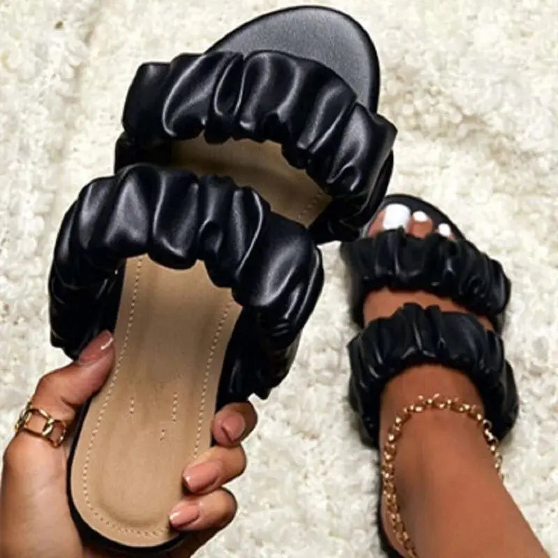 2024 women's summer new double-layer leather sandals pleated flat bottomed women's outdoor beach outdoor slippers
