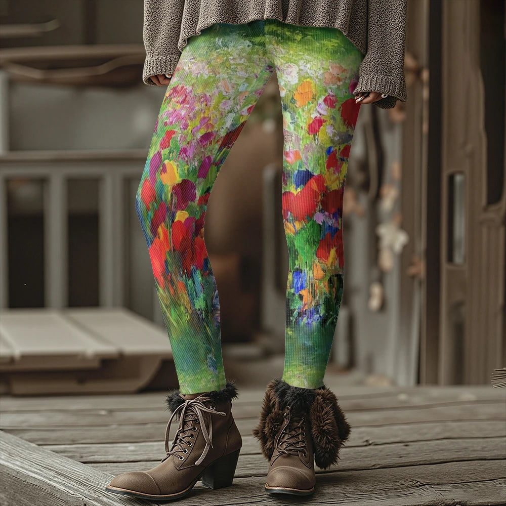 Colorful Blooming Flowers Pattern Women's Leggings Autumn Winter Warm Fashion Tights Stylish Outdoor Look Fashion Streetwear