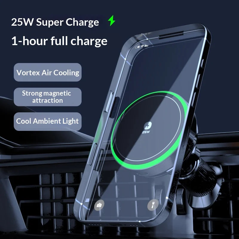 25W Air-Cooling Car Wireless Charger LED Light Phone Stand Magnetic Fast Charging Station For Magsafe iPhone 17~12 Pro Max