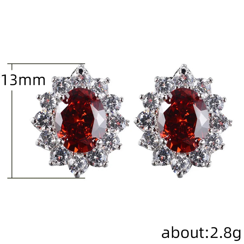 Huitan Full Zircon Stud Earrings for Women Blue/Purple/Red/Pink/Black/White/Green Oval CZ Wedding Trend Female Luxury Jewelry